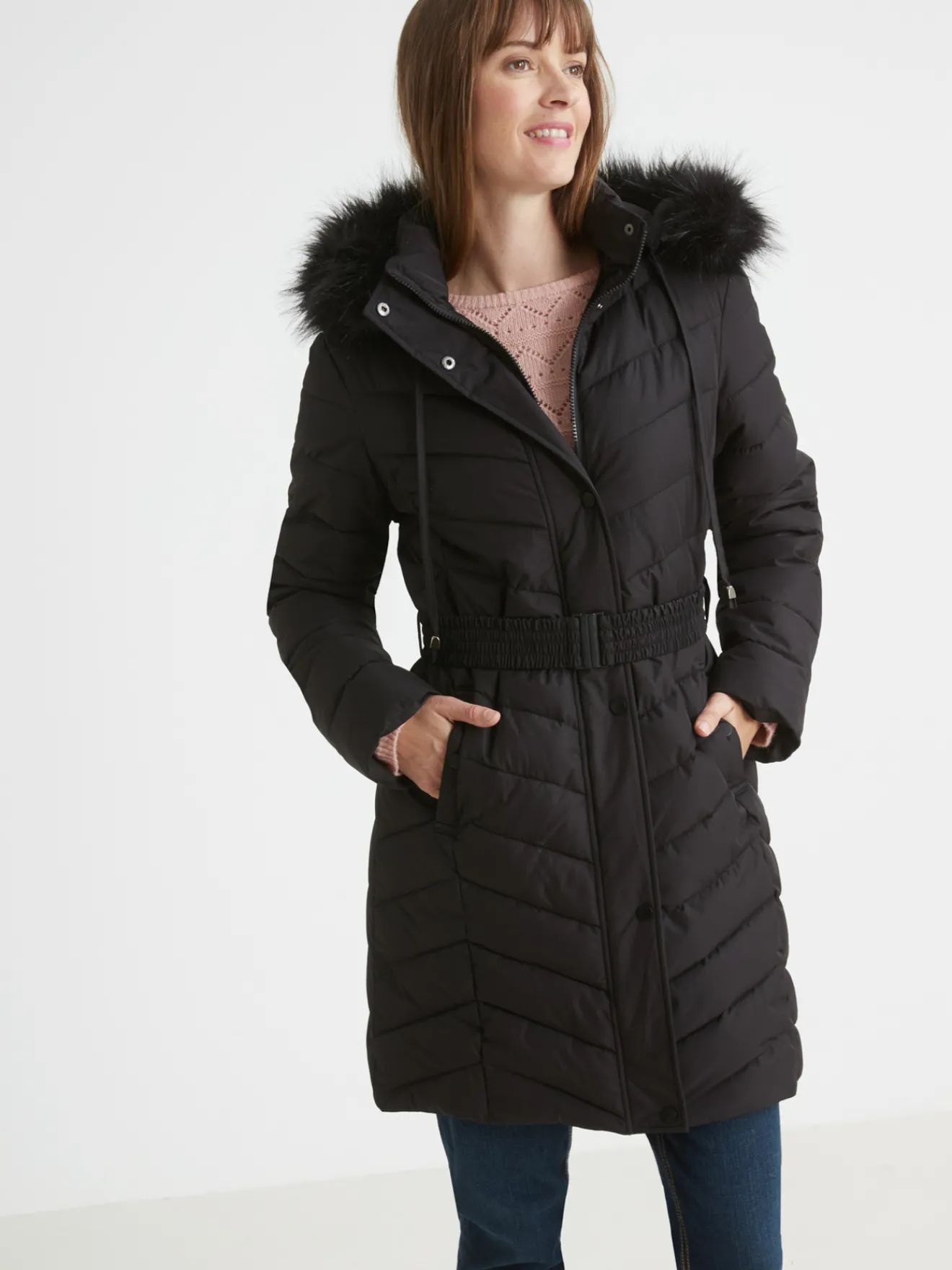 Clearance Doudoune longue ceinturée à capuche Femme Manteau, Parka
