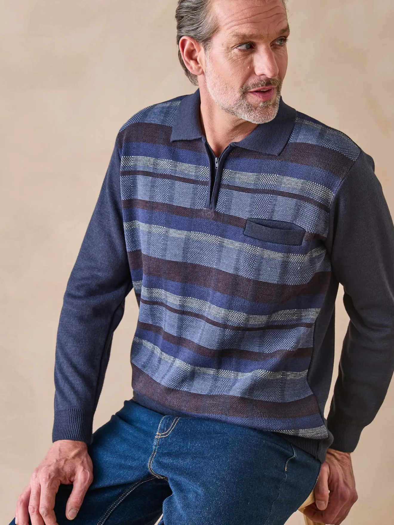 New Pull polo zippé avec laine Homme Pull, Sweat