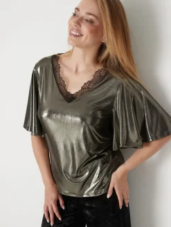 Clearance Tee-shirt brillant avec dentelle Femme T-Shirt