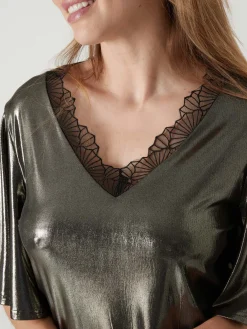 Clearance Tee-shirt brillant avec dentelle Femme T-Shirt