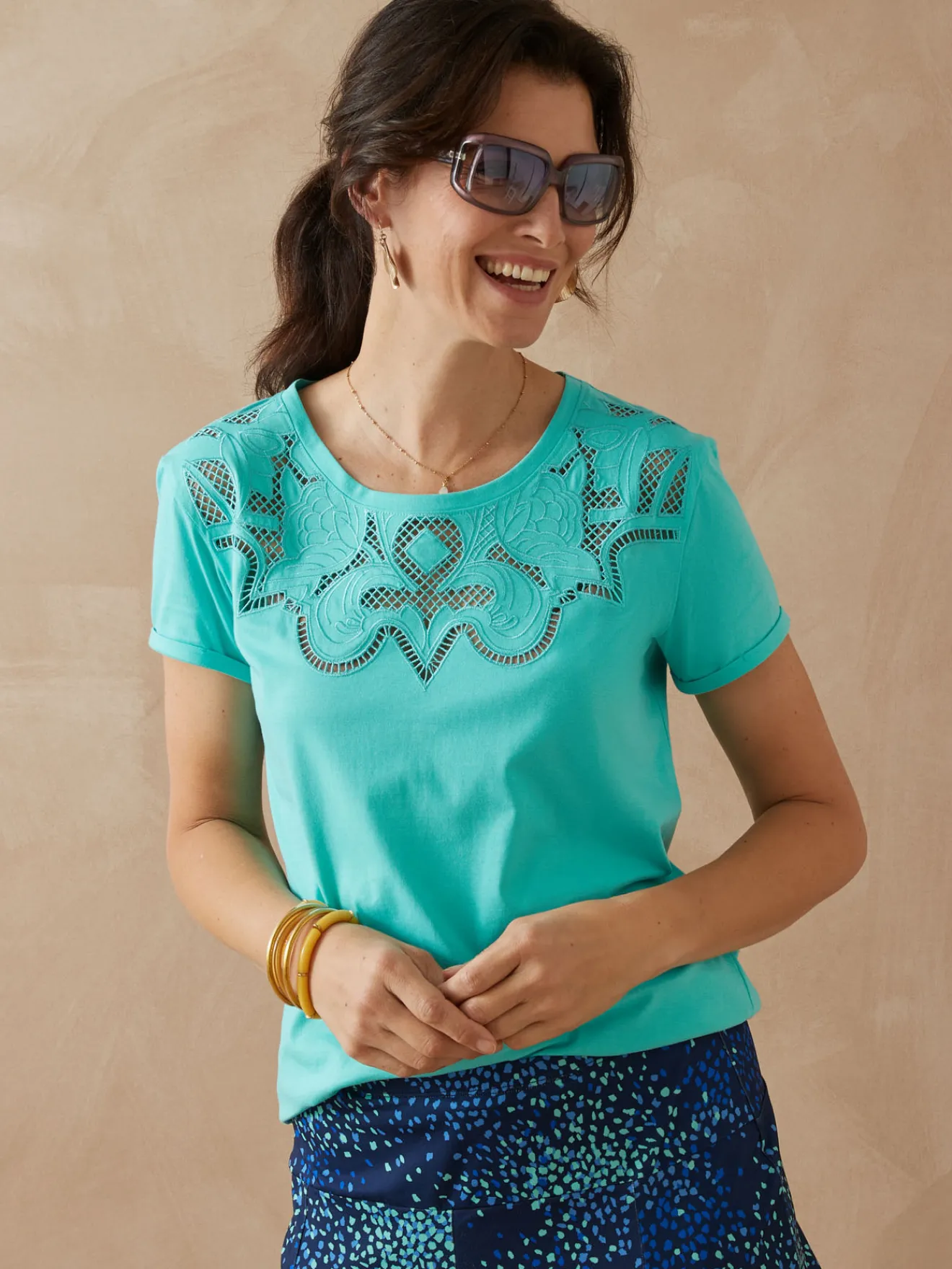 Clearance Tee-shirt coton à broderies ajourées Femme T-Shirt