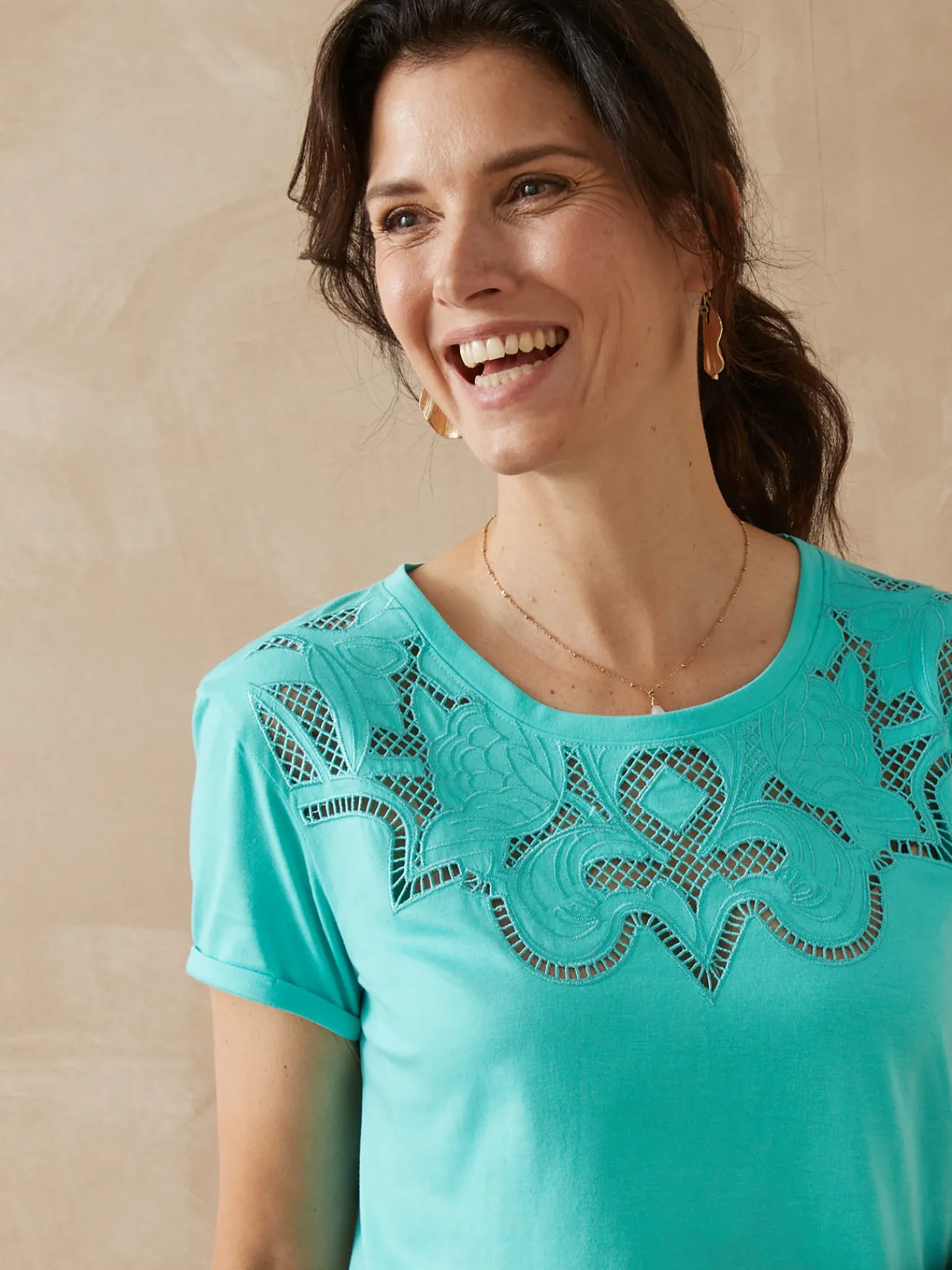 Clearance Tee-shirt coton à broderies ajourées Femme T-Shirt