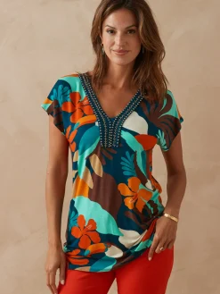 Outlet Tee-shirt perles fantaisie maille fluide Femme T-Shirt